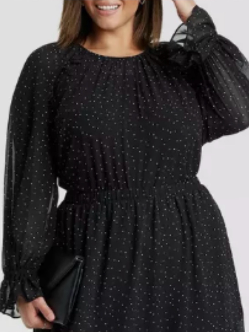 A New Day Black Polka Dots woman’s long sleeve ruffle blouse